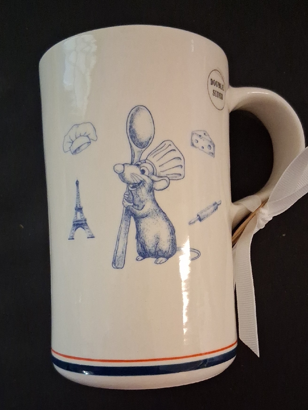Rae Dunn Disneys Ratatouille White Mug with Red Script and Blue/Red Base Stripes